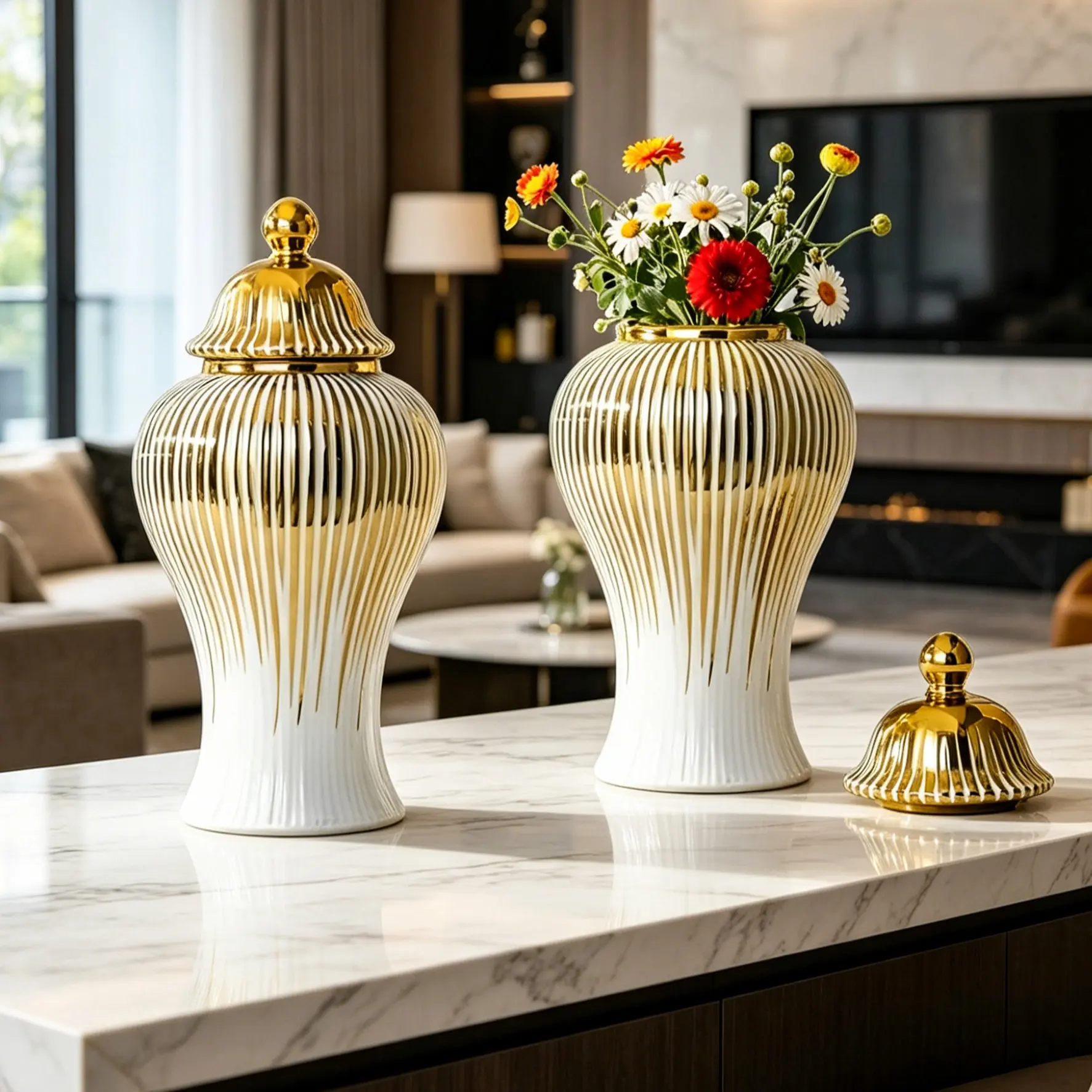 Striped Ceramic Vase, Modern Luxury Floral Container with Lid/no Lid, General Jar for Home Wedding Decor, 22cm/30cm, Flower Vase