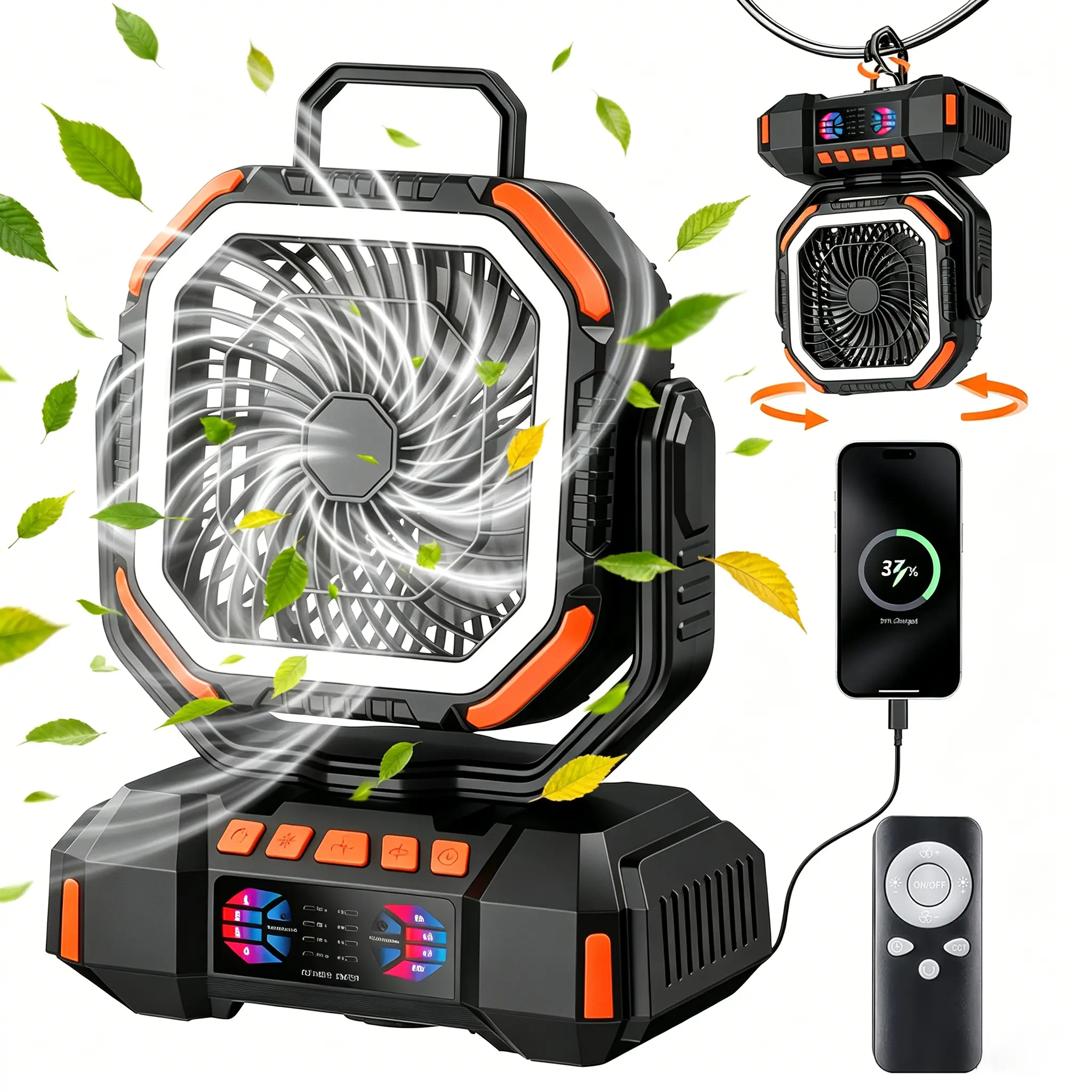 3-in-1 Portable Camping Fan with 40000mAh Battery, Dimmable LED Light & Power Bank Function, 4 Adjustable Wind Speeds, Multi-Angle Rotation, USB Rechargeable Long Lasting Fan for Camping, Hiking, Travel, Home Indoor & Outdoor Use Rechargeable Rotating Fan