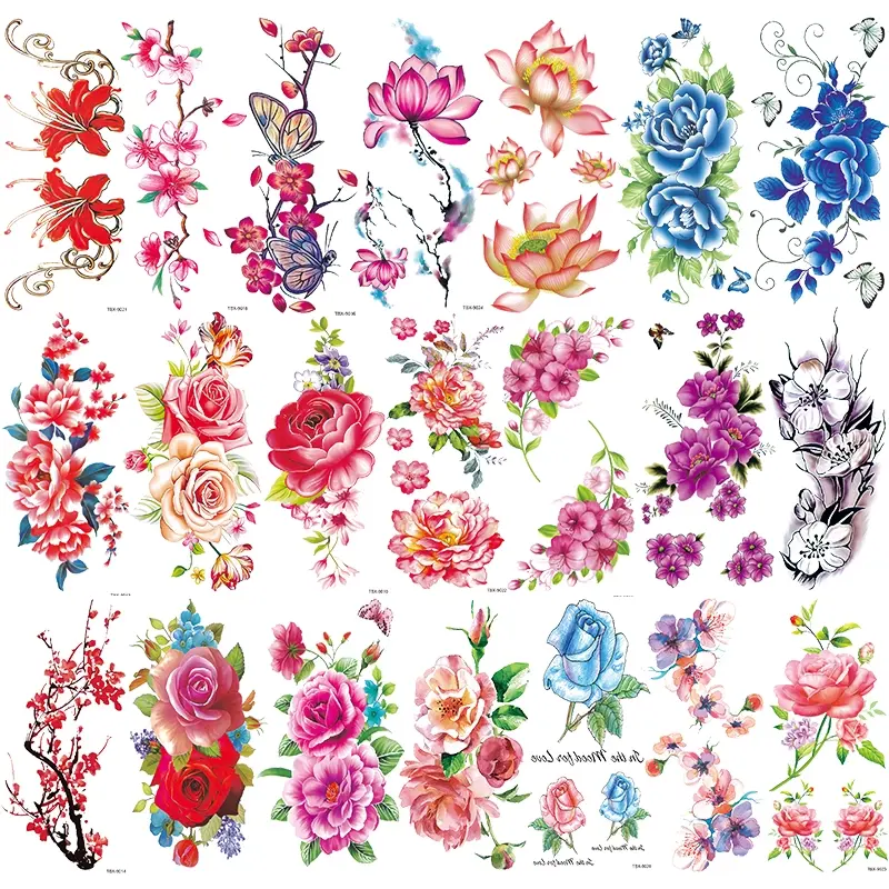 21 Floral Temporary Tattoo Stickers, Butterfly & Flower Designs, Vibrant Water Transfer, Waterproof Body Art Fake Tattoos for Girls