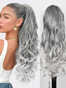 24" Ombre Grey to White Claw Clip Ponytail Extension - Long Curly Wavy Synthetic Jaw Clip Hairpiece for Women, Natural Look Instant Volume, Heat Resistant, Daily & Party Use, Synthetic Ponytail Hairpieces