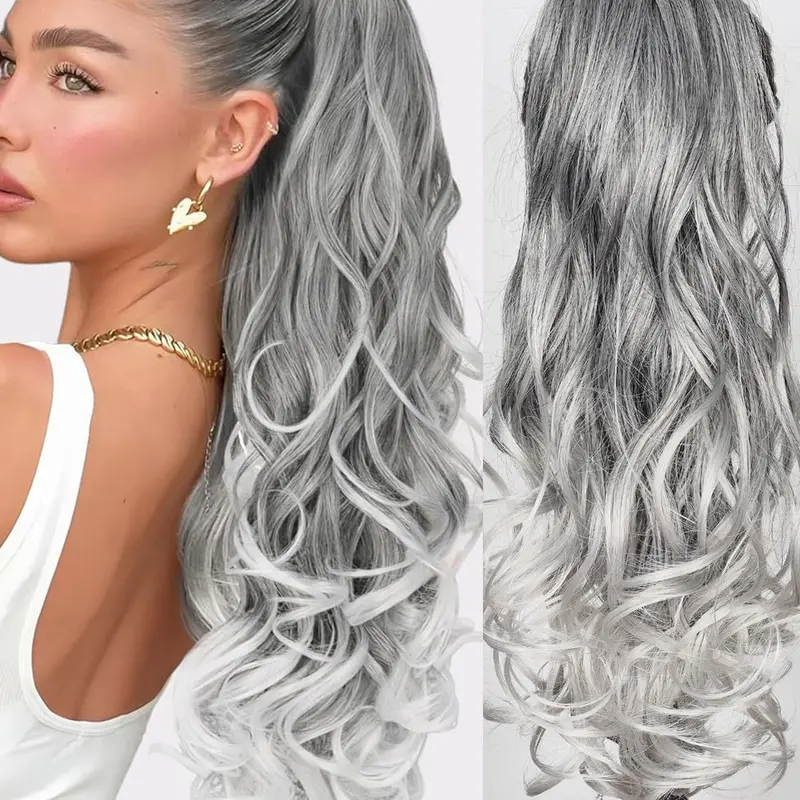 24" Ombre Grey to White Claw Clip Ponytail Extension - Long Curly Wavy Synthetic Jaw Clip Hairpiece for Women, Natural Look Instant Volume, Heat Resistant, Daily & Party Use, Synthetic Ponytail Hairpieces