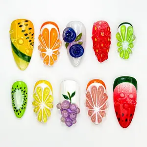 Cute Summer Fruit Press On Nails | Summer Fruit Nail Art Set | 3D Watermelon Kiwi Nails | Handmade Colorful Citrus Nail| Kawaii Nail