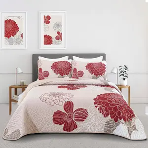 Red Floral Set King Size - 3 Piece Red Flower Pattern Bedspreads, Reversible Lightweight Microfiber Burgundy Bedding Set with 2 Pillowcases, All Season Quilted Coverlet Set (104''x90'')