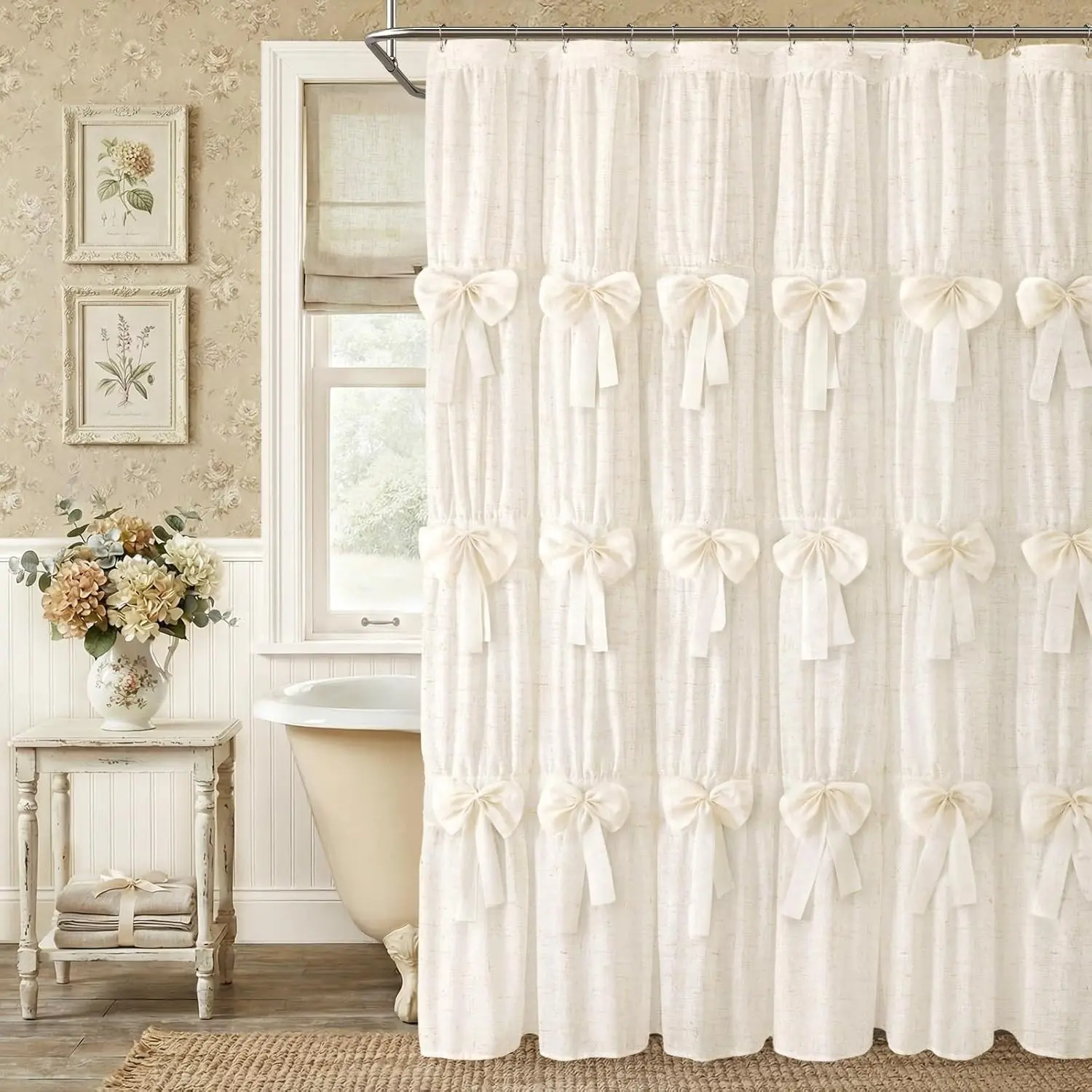 Cute Bows Shower Curtain Vintage Farmhouse Ruffle Shower Curtains for Bathroom,Cream,72" W x 72" L