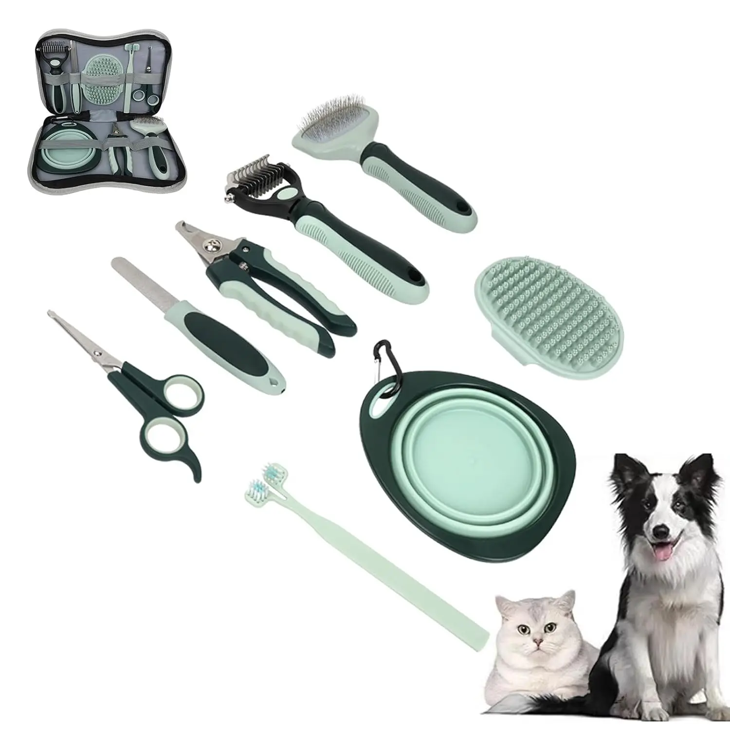 8-Piece Complete Pet Grooming Kit for Dogs & Cats - Ergonomic Non-Slip Handles Deshedding Brush, Slicker Brush, Nail Clippers, Comb, Scissors, Toothbrush, Collapsible Bowl - Travel Bag Included