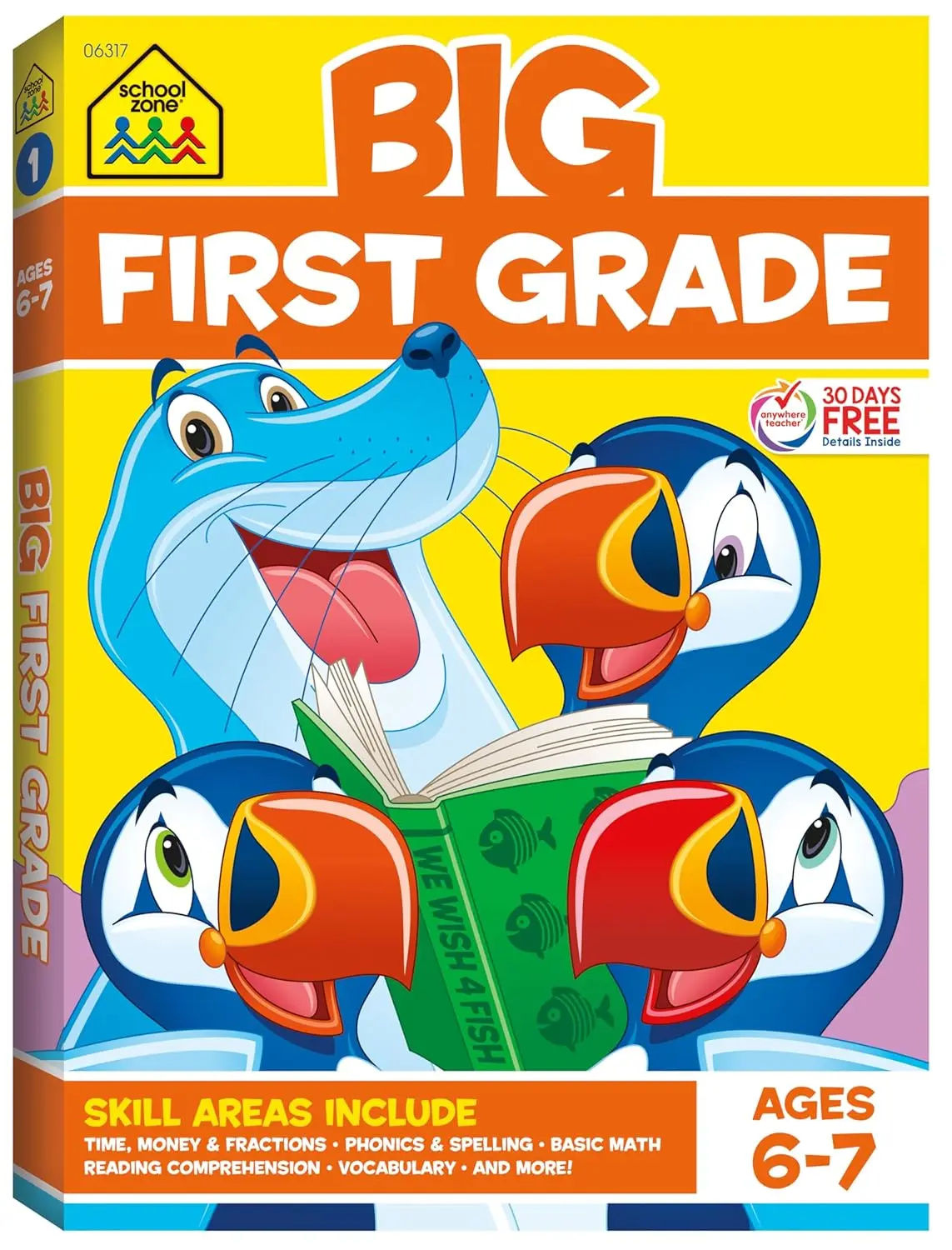 School Zone Big First Grade Workbook - 320 Pages, 1st Grade Education Textbook for Ages 6-7, Covers Reading Comprehension, Phonics, Spelling, Vocabulary, Basic Math, Time, Money, Fractions