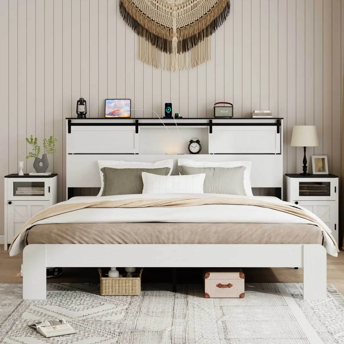 Queen/King Size Bed with Bookcase Sliding Barn Door Storage Headboard with LED Lights and USB Charging Station, Farmhouse Wood Platform Bed with Metal Slat Supports, No Box Spring Required, Noiseless, White