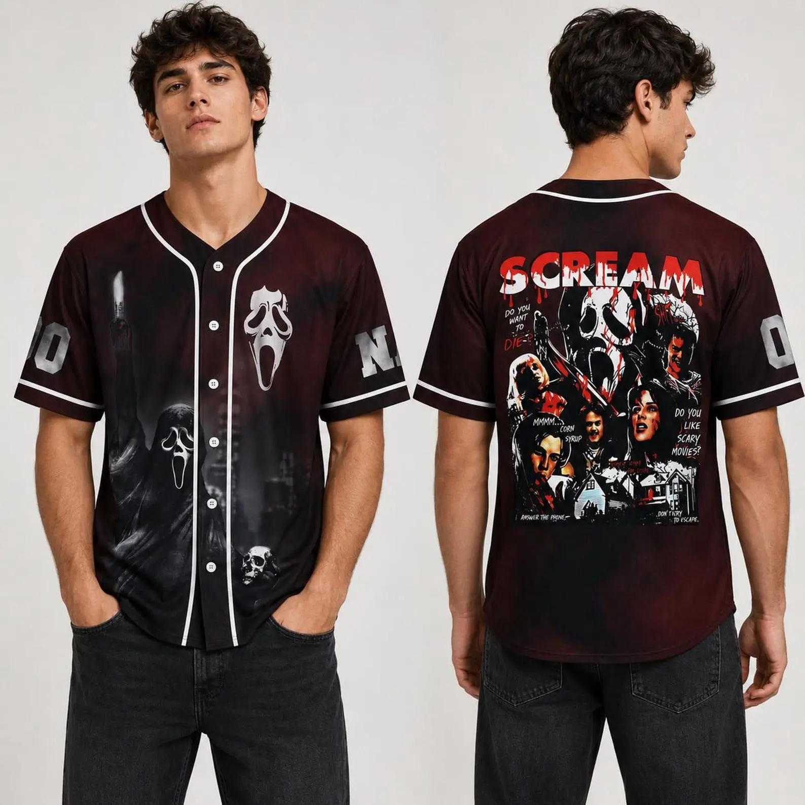 Spooky Ghostface Halloween Baseball Jersey, Custom Horror Movie Shirt, Personalized Name Number Jersey, Scary Season Fan Gift