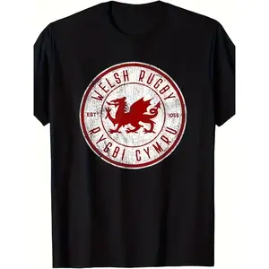 Men's Wales Rugby T-Shirt - Black Cotton T-Shirt with Red Dragon Pattern, Casual Crew Neck, Short Sleeve, Machine Washable, Suitable for Daily and Sports Activities Men's T-Shirts Casual Short-Sleeve Fun Shirts Classic Cotton Tee Comfort Wear Cotton Mensw