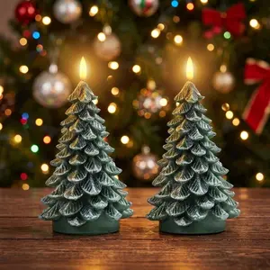 8.5" 2PCS Christmas Tree Candles with 6 Hours Timer Waxy LED Flameless Flickering Green Battery Operated(not included) Operated for New Year Celebration Holiday Decorations 8.5 Inches