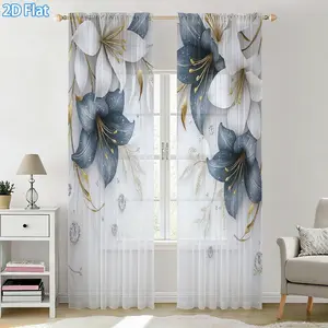 2D Flat 2Pcs Sheer Curtains, Modern Floral Digital Print Semi-Sheer Drapes, Elegant Window Treatment with Rod Pocket for Living Room Bedroom Decor, Home