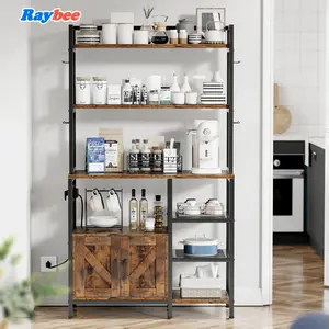 Raybee Furniture Bakers Racks for Kitchens, 6-Tier Microwave Stand with Storage Cabinet, Farmhouse Kitchen Coffee Bar with Side Hooks, Utility Shelf
