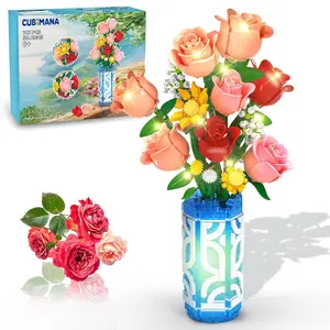 14 Flowers Bouquet Building Set with Vase and LED Light, Mother's Day 747 PCS Mini Roses Flower Botanical Building Blocks Toy, Birthday Gifts for Adults, Artificial Roses Flowers Home Decor