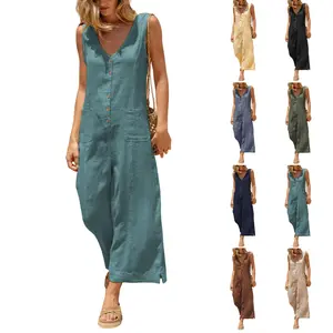 UANEO Women Button Down Jumpsuits Cotton Linen Sleeveless Casual Wide Legs Rompers Loose Overall with Pockets SummerVibes Womenswear