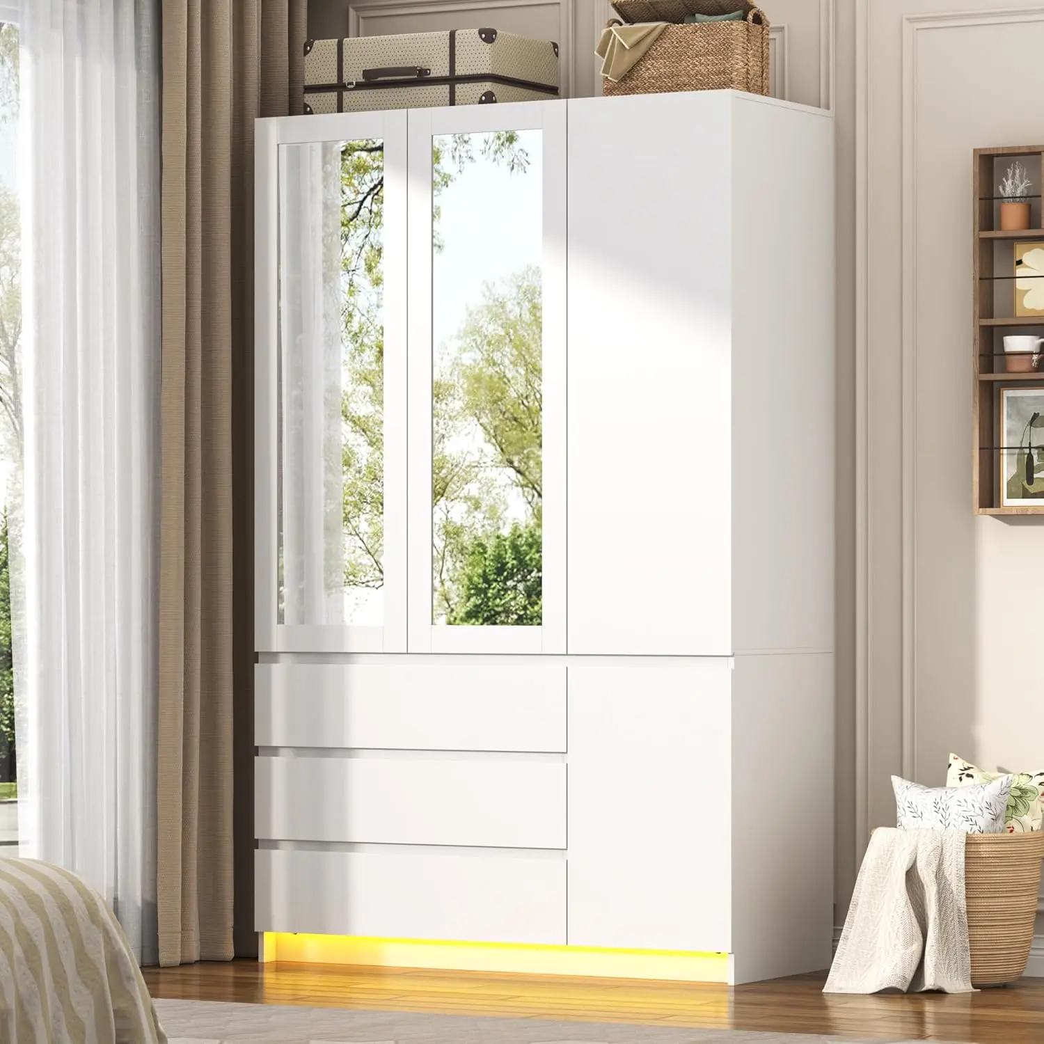3 Doors Armoire Wardrobe Closet with 3 Drawers & Mirror, Modern Wooden Bedroom Armoires with Hanging Rod Led Lights for Bedroom, Black/white