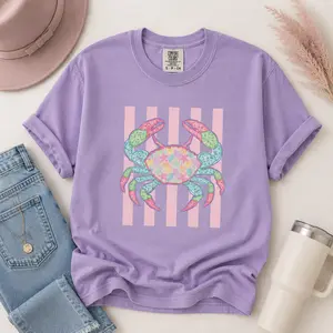 Comfort Colors Coastal Crab Shirt, Preppy Seashell Beach Tee, Coquette Pastel Striped T-Shirt, Ocean Lover Summer Aesthetic Outfit, Trendy Cute Top - TrendWear USA