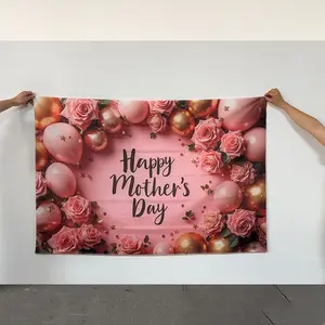 Happy Mother's Day Letter Pattern Balloon & Flower Pattern Backdrop, Vibrant Design, 1 Count Romantic Pull Flag, Party Decoration Supplies for Home Party, Decorative Banner, Banners, Wall Hanging Backdrop