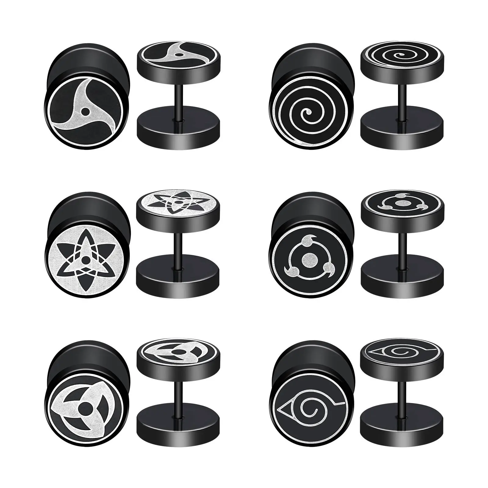 OIDEA 6-Pair 18g Naruto Charm Stud Earring Sets - Hypoallergenic Flat Back Fake Gauges Plugs, Konoha Sharingan Motifs Akatsuki Cosplay Ear Accessories for Sensitive Ears Men