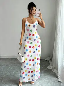 Sweet Cool Style Colorful Floral Printed Halter Long Dress, Slimming Bodycon Maxi Dress, Vacation Date Night, All Season Fashion