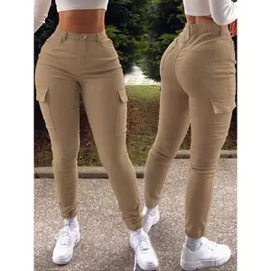 Khaki textured work pants with multiple pockets, slim fit, suitable for summer and autumn; women’s slim-fit sports pants; tight pants; suitable for everyday wear; casual; available in all sizes; suitable for all body types; women; this summer; buy now