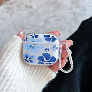 Blue Petal Symphony Pattern Protective Case for AirPods 4/3/2/1/Pro/Pro2 Soft TPU Earphone Cover, Transparent with Keychain