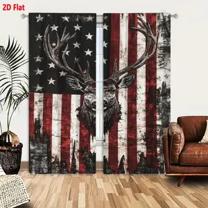 2D Flat  Rustic Patriotic Deer Head American Flag Curtain 2-Piece Set, Grungy Vintage Outdoor Nature & Hunting Themed Black White Striped Decorative Window Curtains for Living Room Bedroom, Light Filtering & Privacy Protection, Home Decoration Curtain