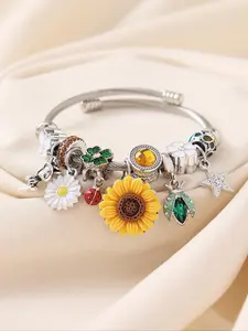 Boho Style Cute Daisy & Sunflower & Bee & Rose Charm Decor Bangle, Fashion Jewelry for Party, Daily Clothing Decor, Trendy All-match & Exquisite Jewelry for Gift, Rhinestone Bangle Bracelet, Rhinestone Decorated Bracelet