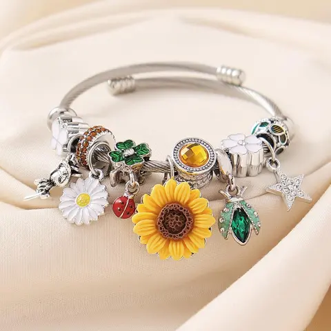 Boho Style Cute Daisy & Sunflower & Rose Charm Decor Bangle, Rhinestone Decor Bangles, Fashion Aesthetic Jewelry for Party, Daily Clothing Decor, All-match Jewelry for Gift, Rhinestone Bangle Bracelet