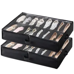 Sturdy Under Bed Shoe Storage Organizer Set Of 2 With 32 Compartments Clear Window, Breathable Dustproof Material, Space Saving Closet Organizer For Shoes Boots Slippers, Underbed Storage Solution L31.5 X W23.6 X H5.9 Inches Black