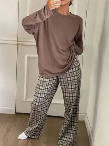 Solid Color Loose Top + Plaid Wide-Leg Sleep Pants, Long-Sleeve Crew Neck Top with Elastic-Waist Long Pants, Lazy Style Autumn & Winter Loungewear, Pajama Set Pyjamas