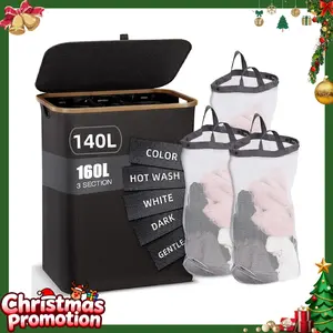 Laundry Hamper with Lid, Tall Laundry Baskets with Bamboo Pull Handles, Large Laundry Bin with Internal Support