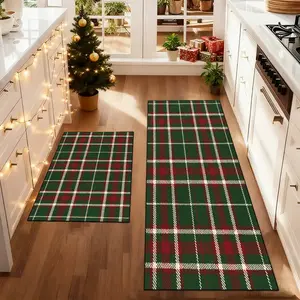 2Pcs non-slip kitchen mat, Christmas rug，kitchen rug set, Christmas red and green plaid Floor Mat, soft comfortable foot mat, machine washable easy to clean, Christmas decoration, Christmas gift, suitable for kitchen Floor bedroom room, Checkered rug