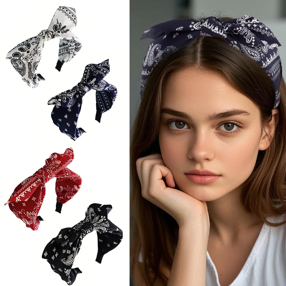4-Pack Women's Bohemian Headbands, Wide Paisley Printed Chiffon with Bow Knot, Non-Slip Elastic Hair Bands for Sports, Beach & Birthday