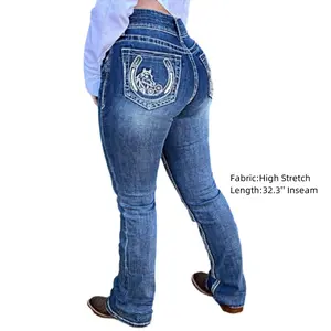 Flamingals High Waist Embroidery Pocket Back Bootcut Jeans Outfit Denim Pants Blue