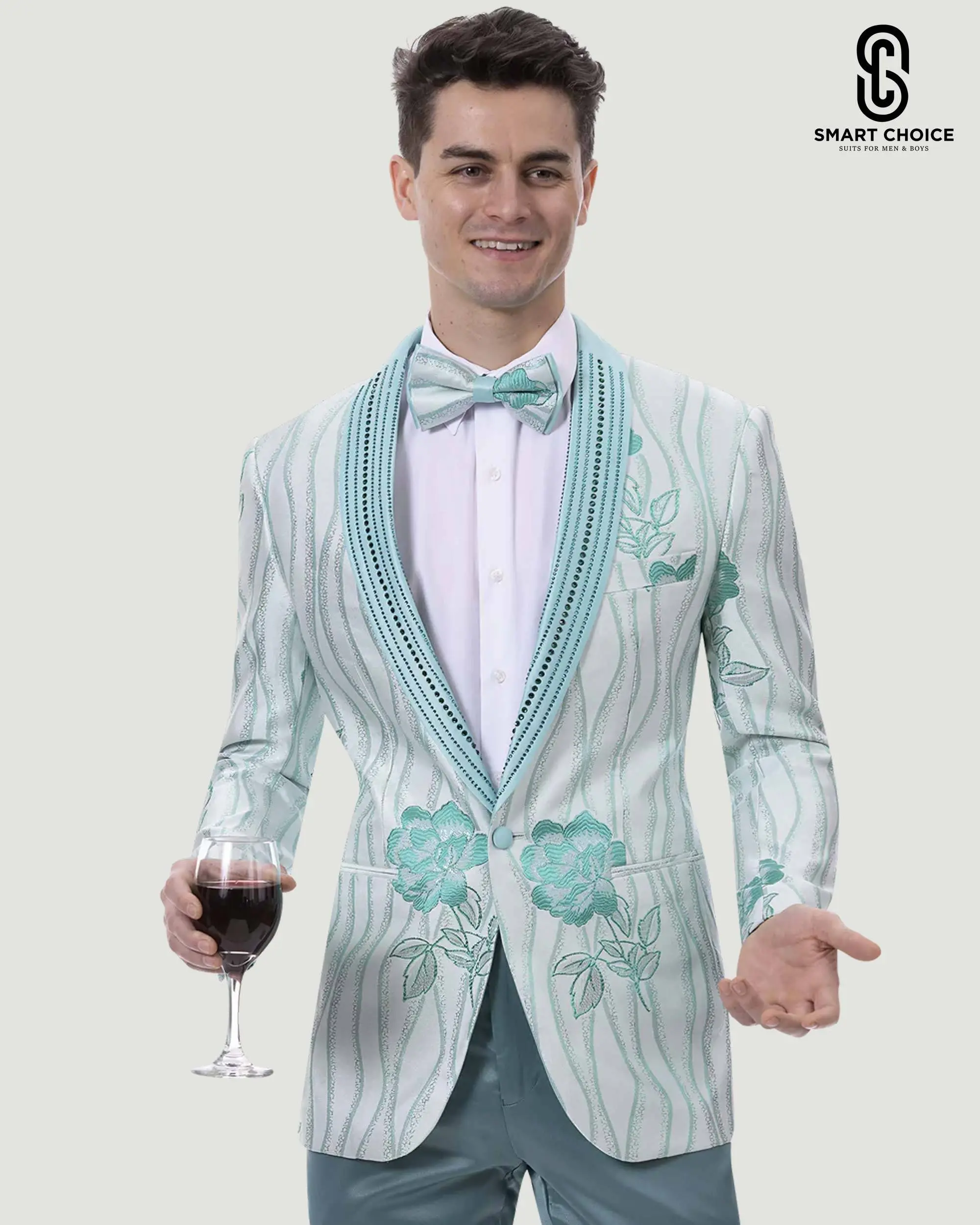 Men's Prom &amp; Wedding Blazer Jacket with Bow Tie Teal