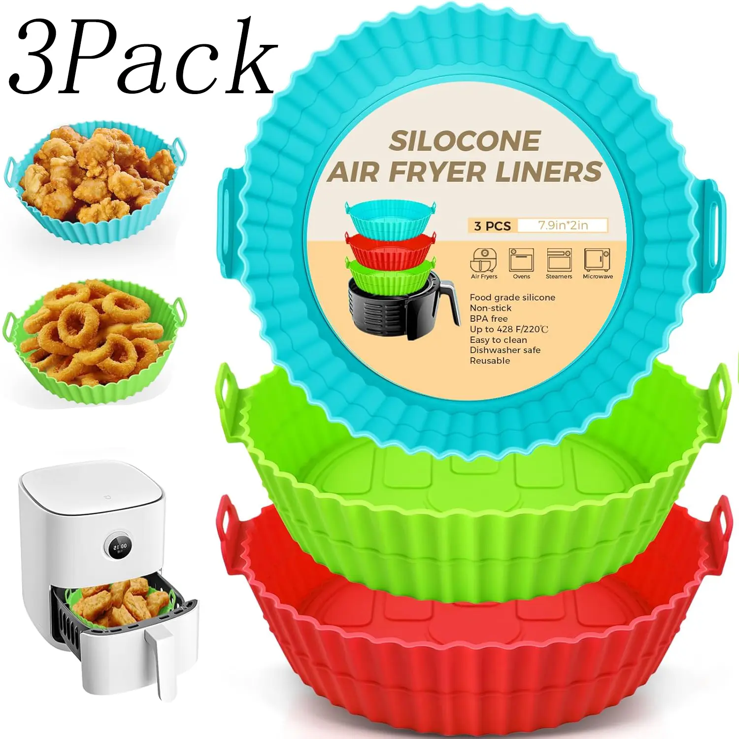 3 Pack 7.9in Diameter Food-Grade Silicone Air Fryer Liners with Handles - Durable Reusable Non-Stick Bakeware Oven Mat Utensils, Dishwasher Safe, Easy to Clean, Fits 3.6qt+, Disposable Parchment Paper Replacement for Gatherings, Camping