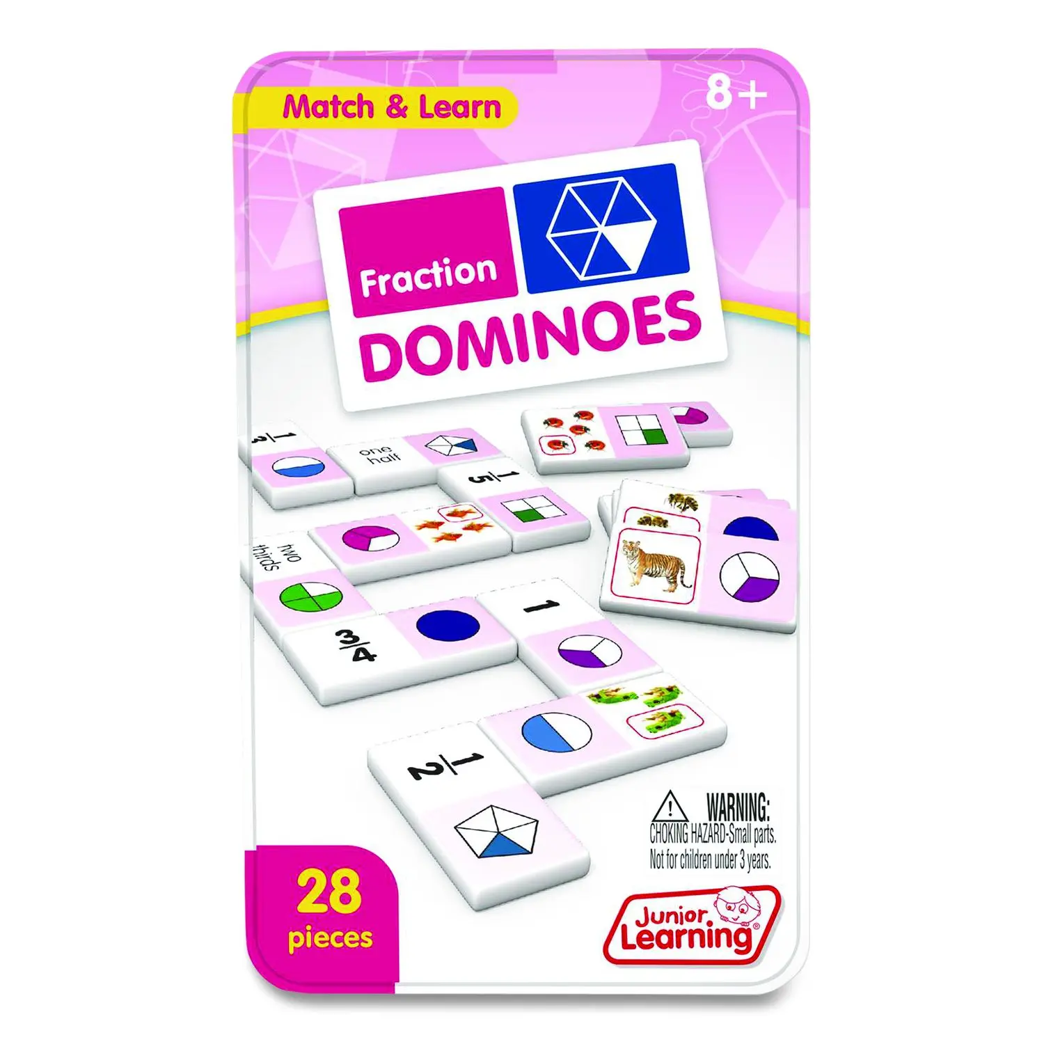 Fraction Dominoes Set, 28-Piece Educational Game Pack for 1-2 Players, Grades 3-7, Model JL485, Set Pack