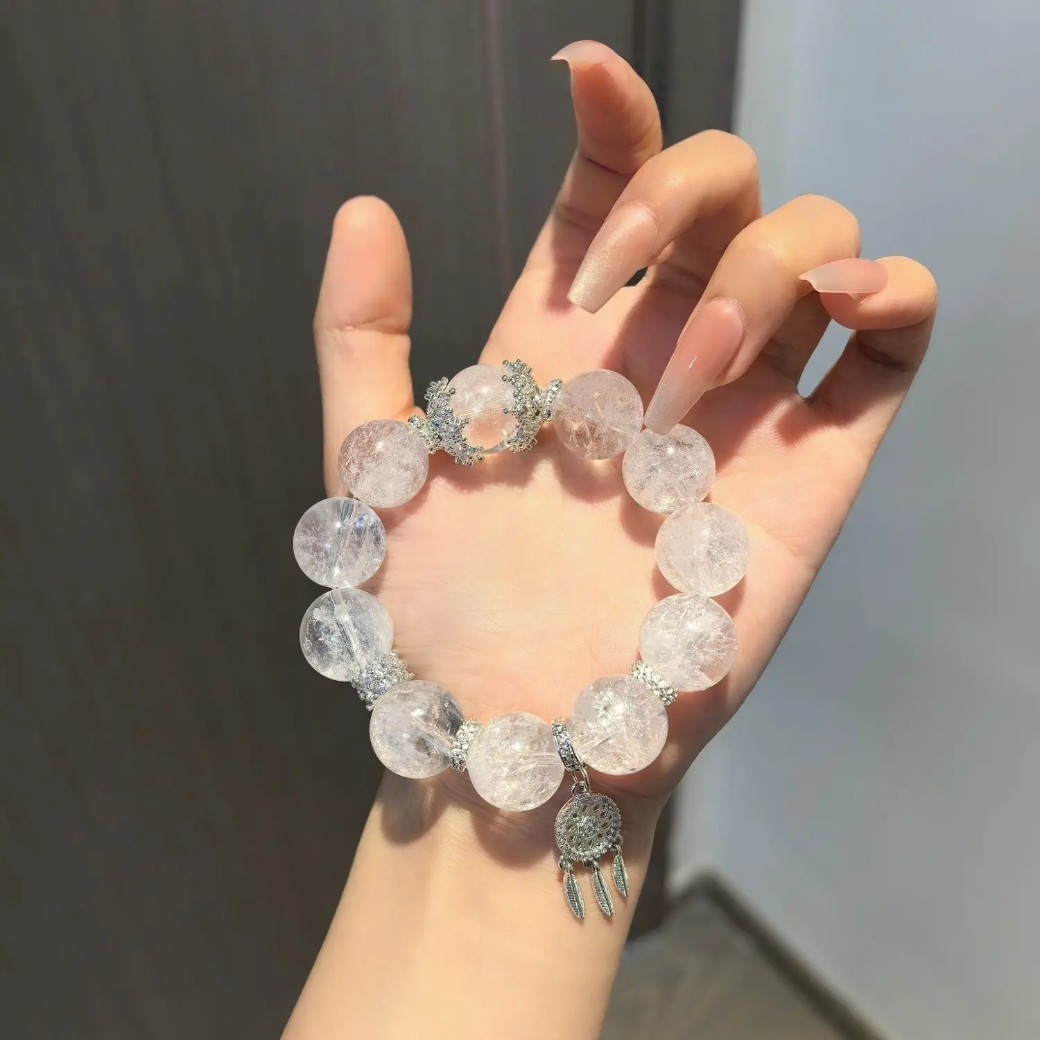 Large Sparkly Cracked Clear Quartz Bracelet Natural White Azeztulite Crystal Beaded Bracelet for Women