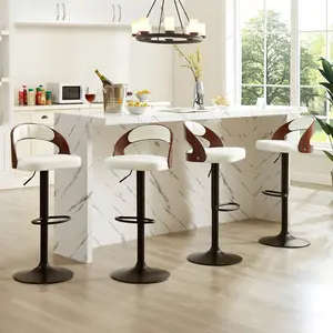 VECELO Set of 2/4 Adjustable Height Bar Stools Mid-Century Modern Faux Leather Wood Chair 360° Swivel, Industrial Pedestal Base, for Kitchen, Counter, Home Bar