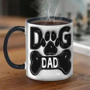 Dog Dad 3D Mug, Funny Coffee Cup For Dog Lovers, Gift For Father Day From Pet, Paw Bone Raised Design Mug, Black And White Pet Owner Gift