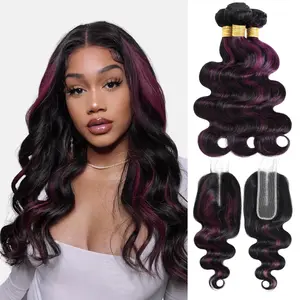 ALHER 12A Black Mix Purple Highlight Bundles with 2x6 Closure Human Hair Body Wave #1B/Purple Burgundy Colored 3 Bundles with 4x4/5x5 Free Part Closure Soft Thick 3 Bundles 100% Remy Hair Midnight Purple Highlight Two Tone Colored