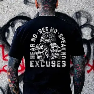 Hear No - See No - Speak No Excuses Skull Print Men's T-shirt, Top Menswear Cotton Tee Shirt, Unisex Fashion, Soft Fabric, ShortSleeve, Regular Fit, Casual Streetwear