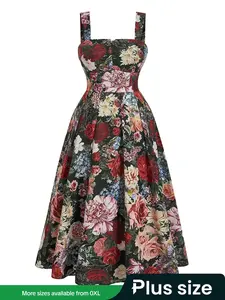 【Plus Size】floral Print Tank Dress, Retro Fashion Casual Sleeveless A Line Dress for Daily Outdoor Wear, Women Plus Clothing for Summer, Womenswear, Bohemian Print Dresses