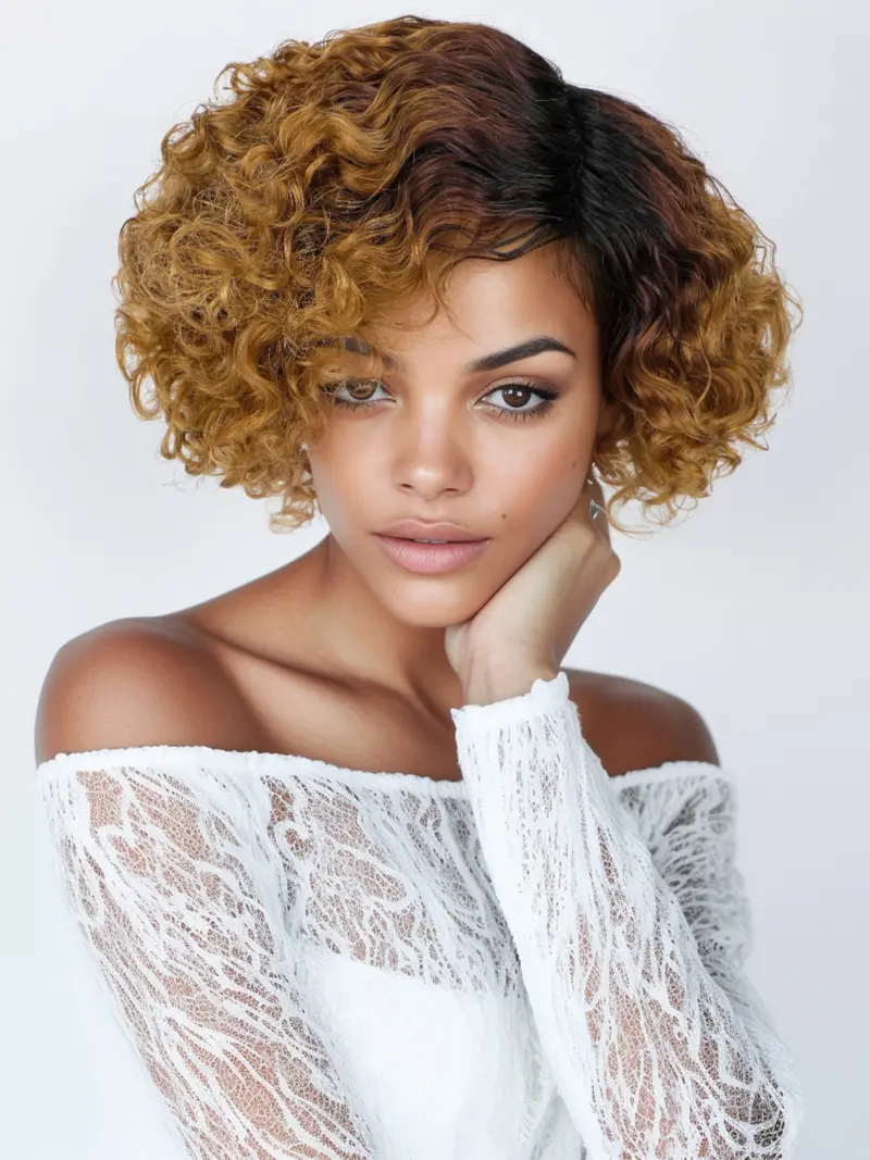 6inch T1B/30 Color Women's Short Curly Bob Wig with Bangs, 6 Inch Curly Hairpiece, Real Human Fiber, Full Machine Made, Perfect for Daily Wear, Natural Looking Wig