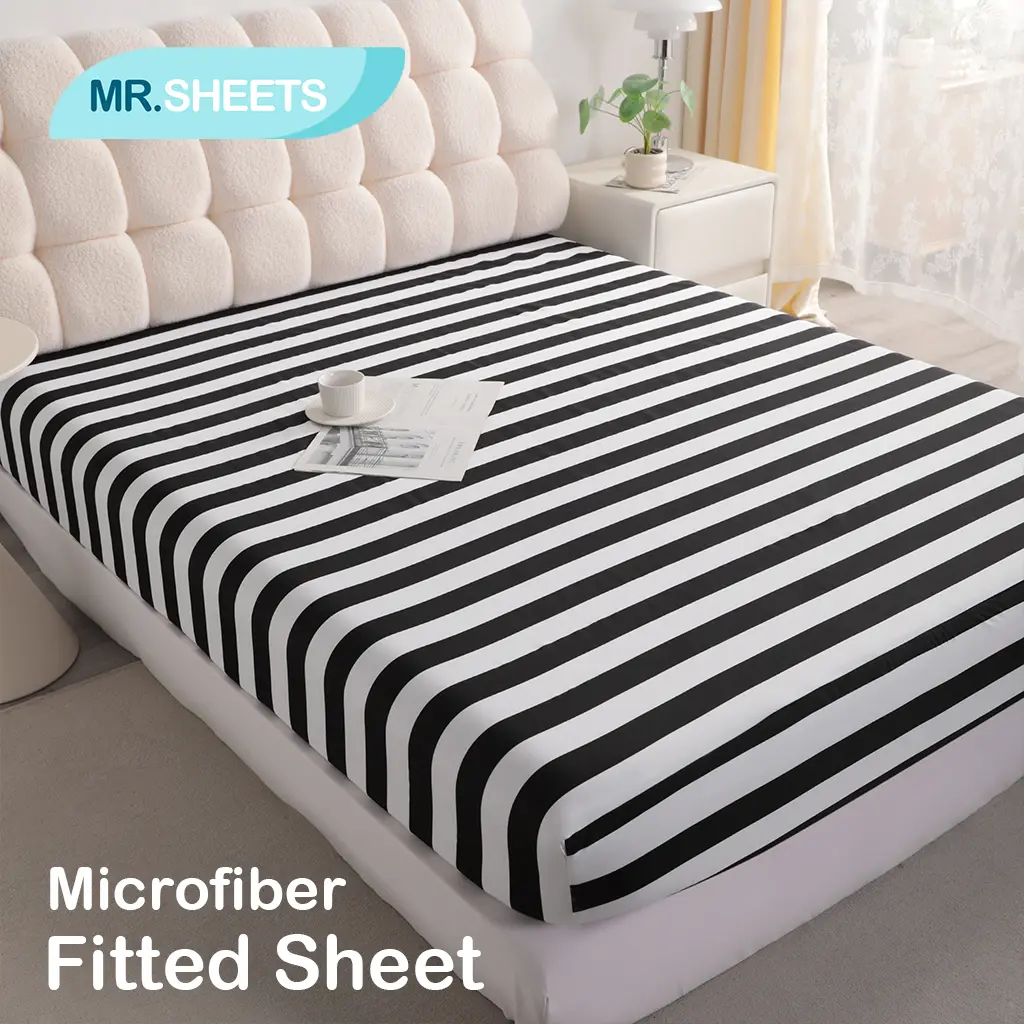 NTBAY Brushed Microfiber Striped Deep Pocket Fitted Sheet, Super Soft Snug Touch, Anti-Wrinkle Anti-Fade Anti-Stain Single Bed Sheet, Classic Black White Stripe Design