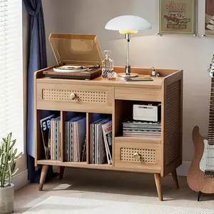 [SummerVibes] Vabches Mid-Century Boho Record Player Stand with 3 Drawers, Charging Station, Open Shelf, Solid Wooden Legs & Vinyl Holder Storage - Brown Indoor Side Table for Bedroom, Living Room