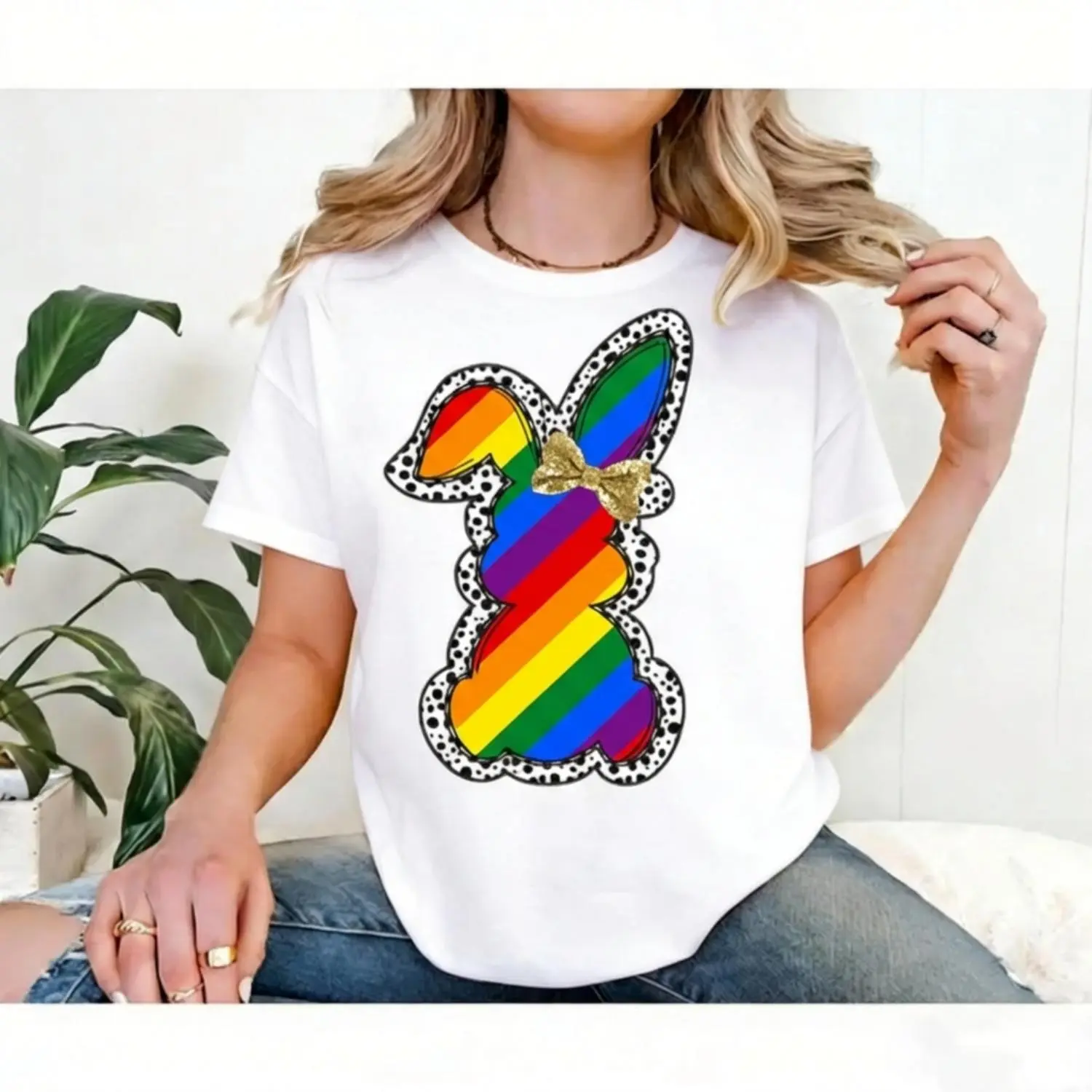 Unisex 100% Cotton Short Sleeve Graphic T-Shirt, Women’s Casual Easter Bunny Printed Street Style Top, Ideal Daily Outfit For Spring Holiday Occasions, please check size chart before ordering