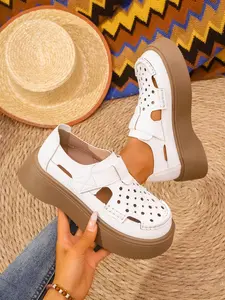 PU Leather Sandals, Breathable Mesh Upper, Round Toe, Thick Sole, Magic Tape Closure, Summer Footwear, Versatile Style