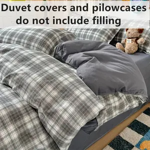 Boys' Room Plaid Bedding Set, Striped Simple Style, Dormitory Bedroom Sheet Set, Includes 1 Duvet cover + 2 Pillowcases, Soft Breathable Fabric, Bed Sheets Set