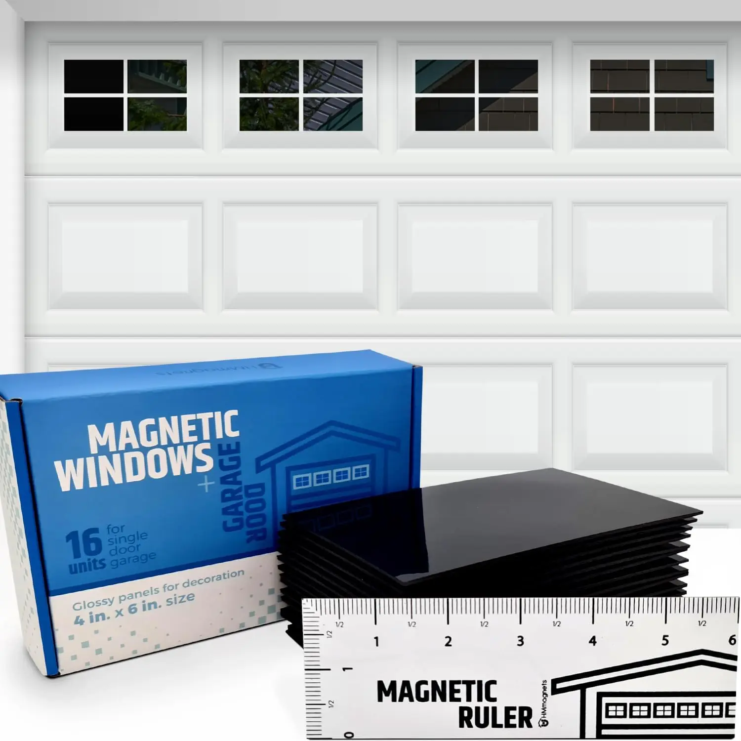 Magnetic Garage Door Magnetic Window Kit, 16pcs 4"x6" Reflective Glossy Faux Panes for 1-Car Garage, Water Resistant, Cold Resistant, Easy Alignment, Upgraded Magnets, Home Improvement Hardware, Enhances Curb Appeal